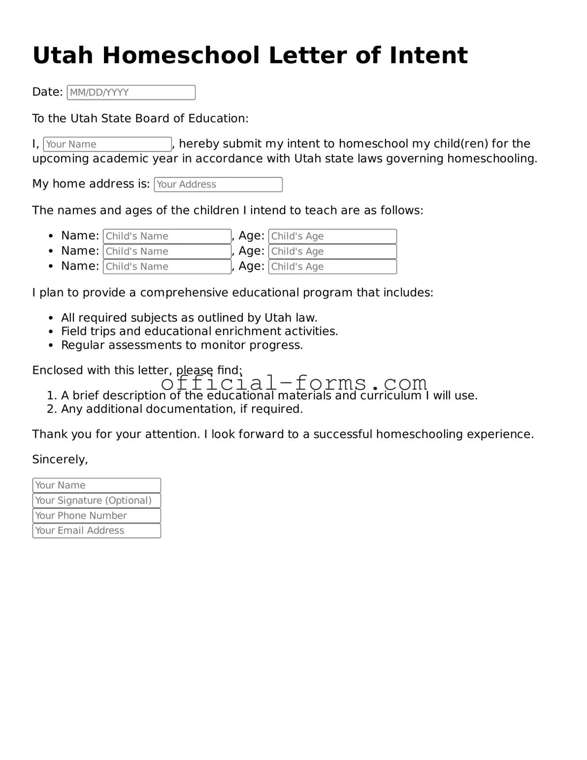 Official Utah Homeschool Letter of Intent Document