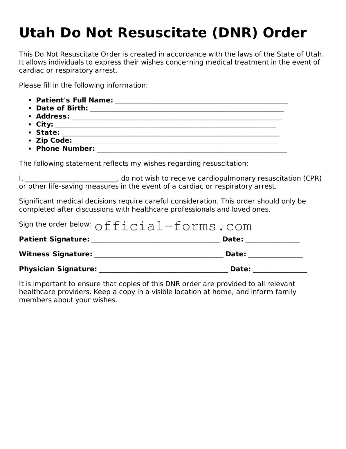 Official Utah Do Not Resuscitate Order Document