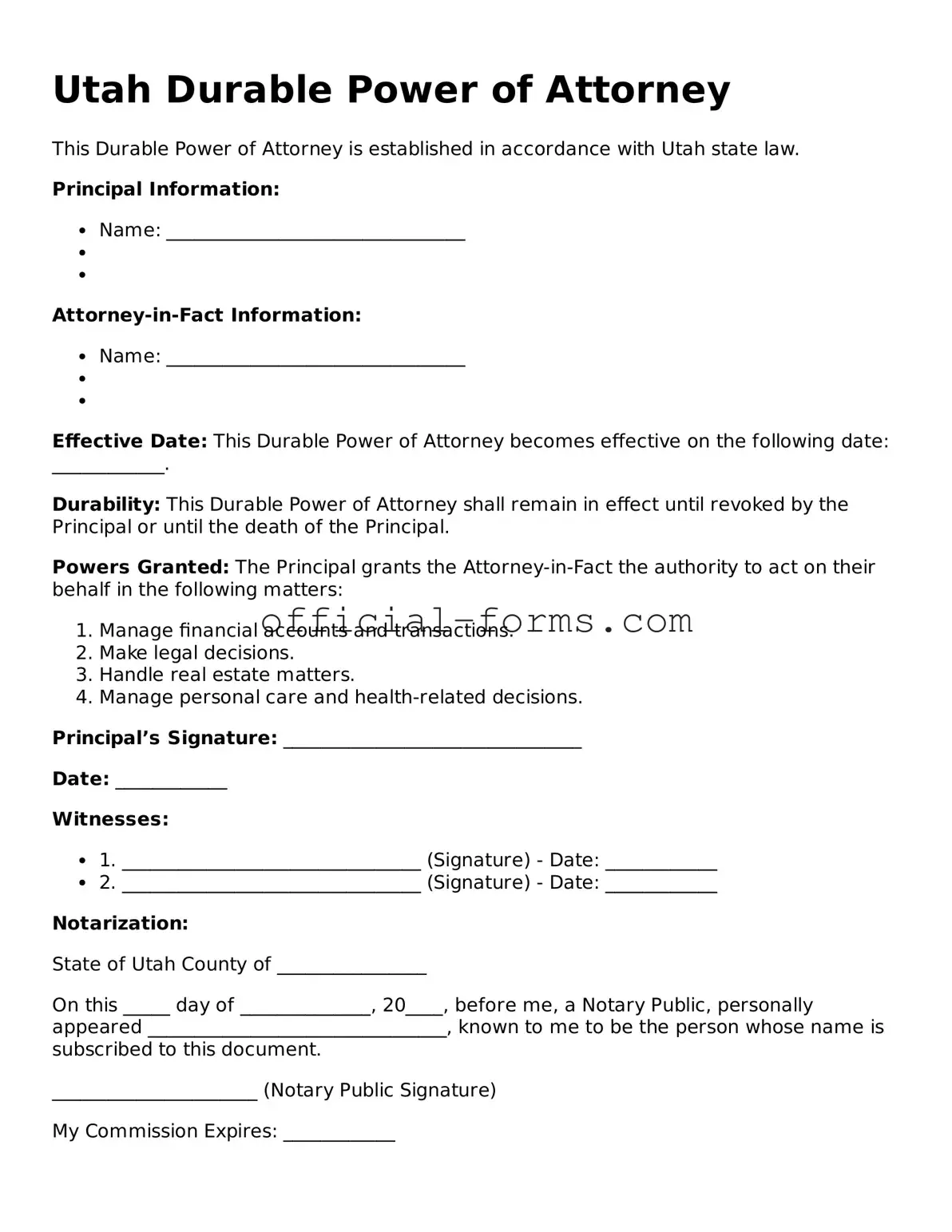 Official Utah Durable Power of Attorney Document