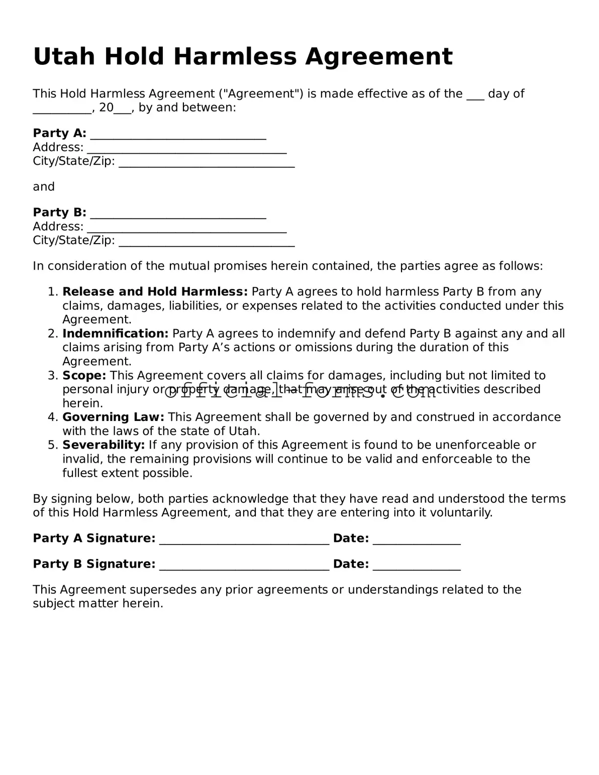 Official Utah Hold Harmless Agreement Document