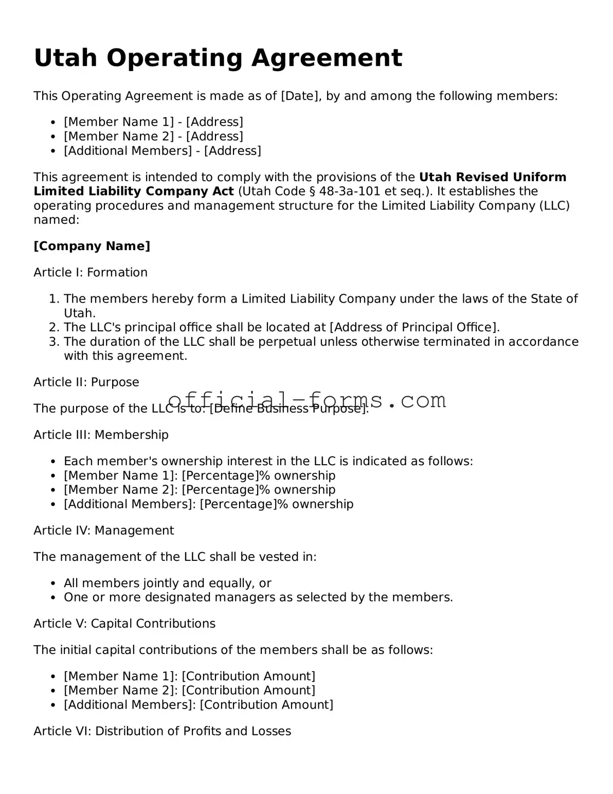 Official Utah Operating Agreement Document