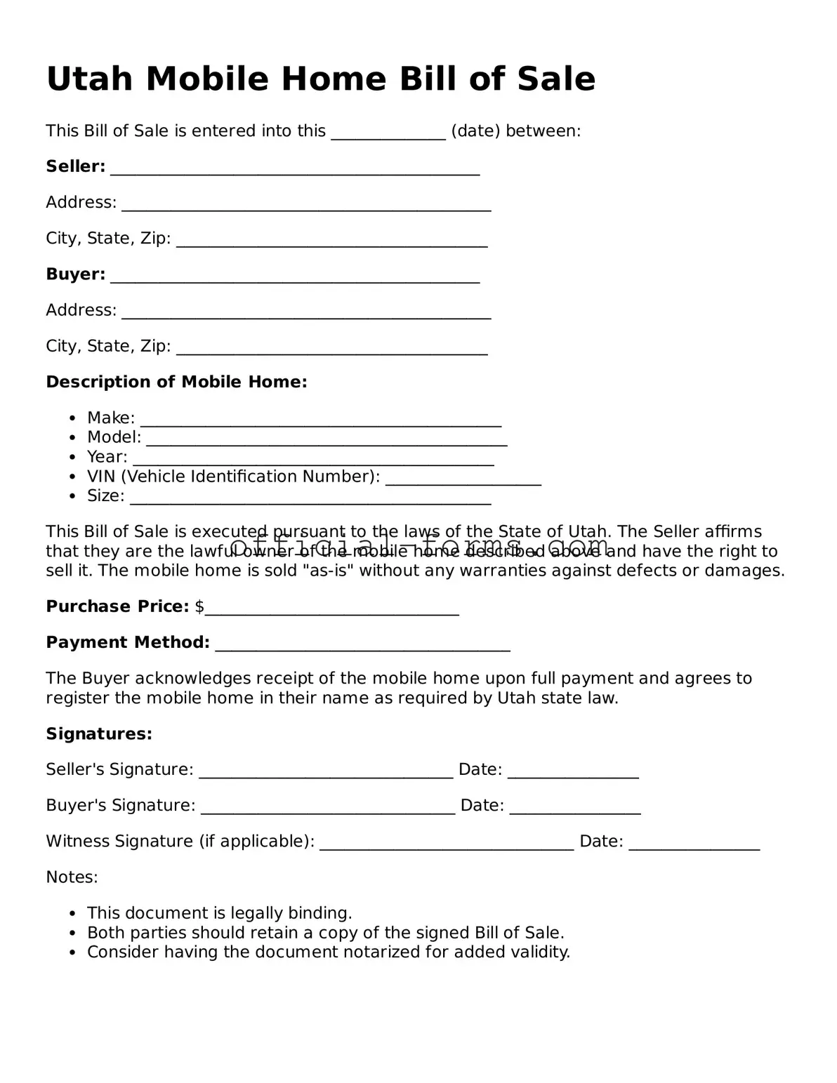 Official Utah Mobile Home Bill of Sale Document