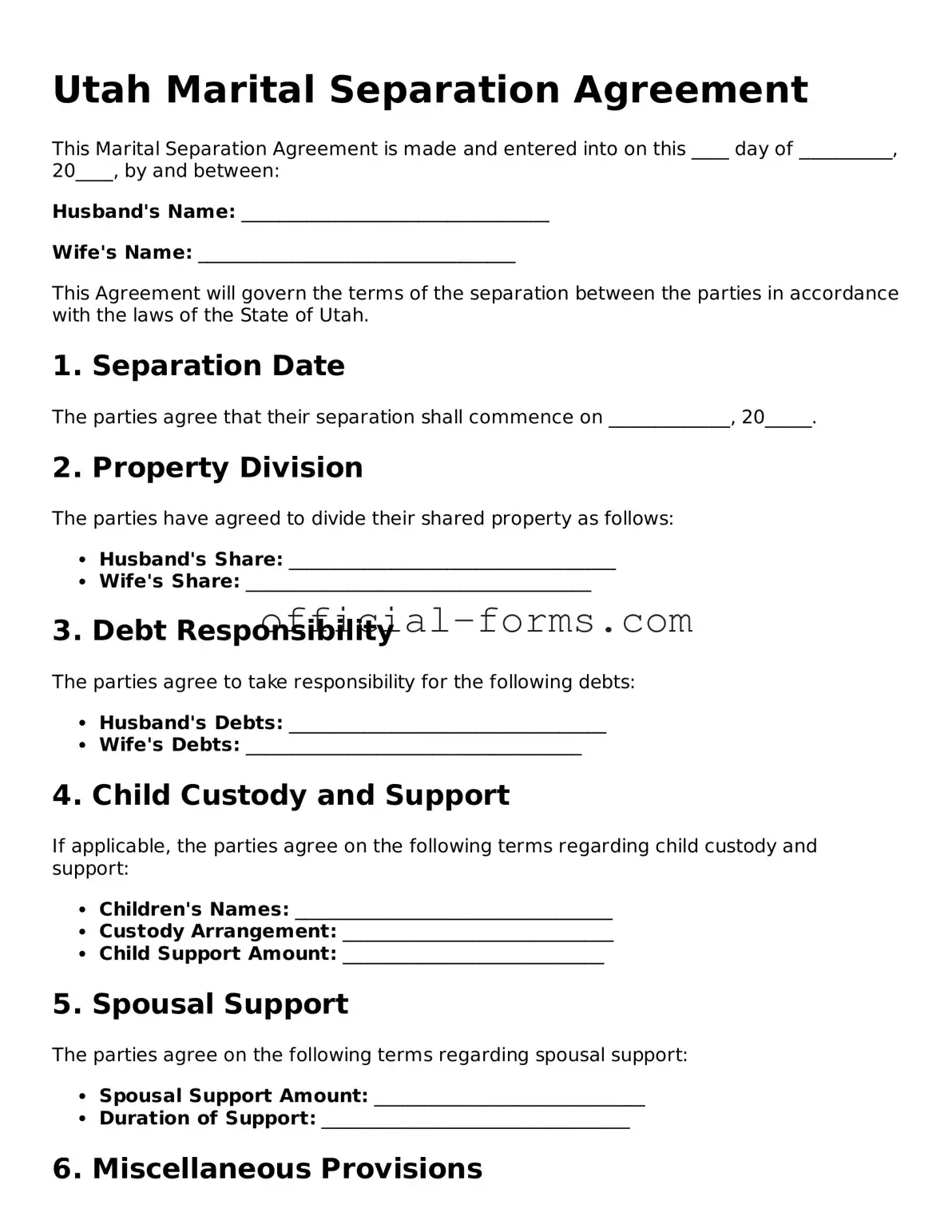 Official Utah Marital Separation Agreement Document