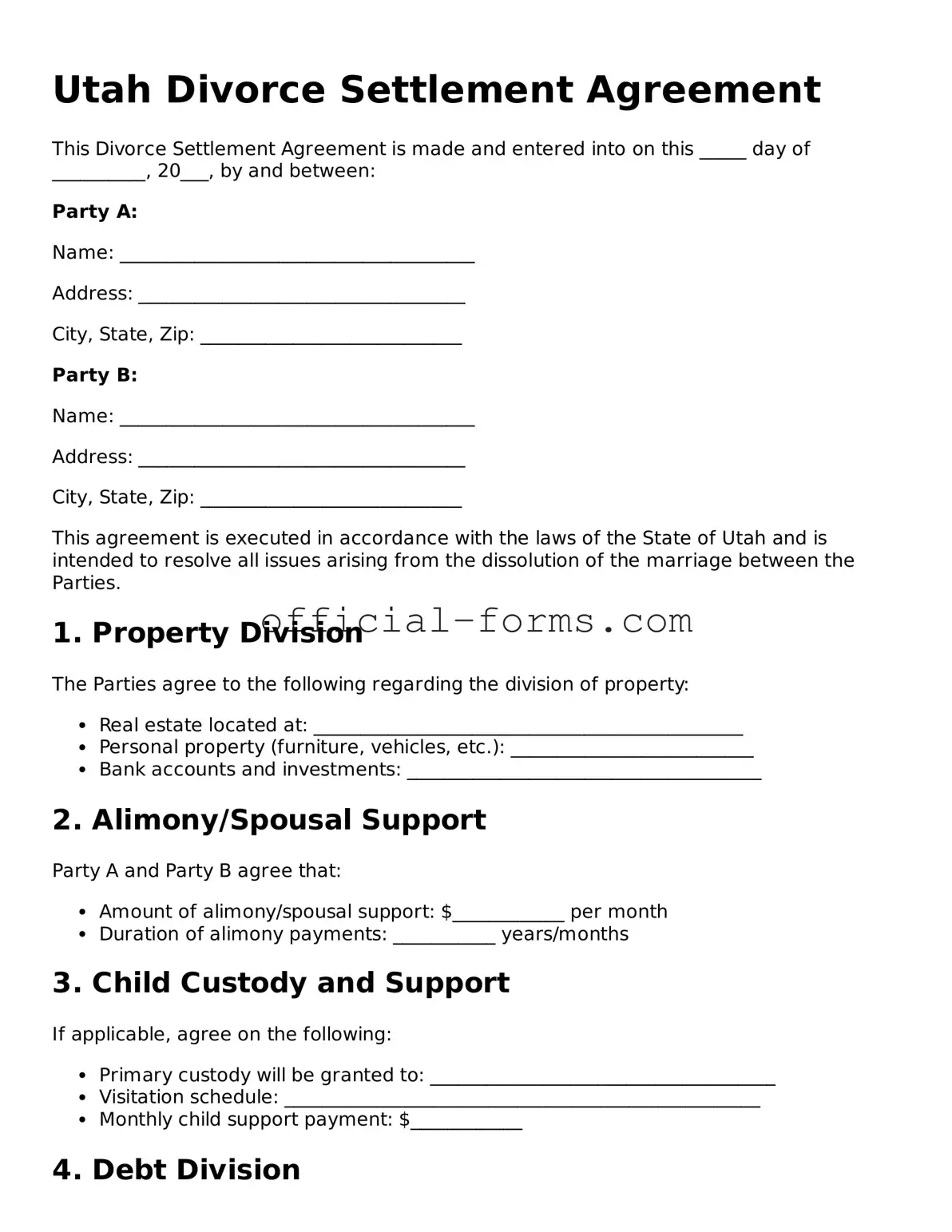 Official Utah Divorce Settlement Agreement Document