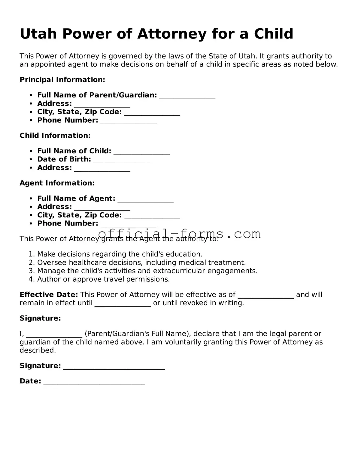 Official Utah Power of Attorney for a Child Document