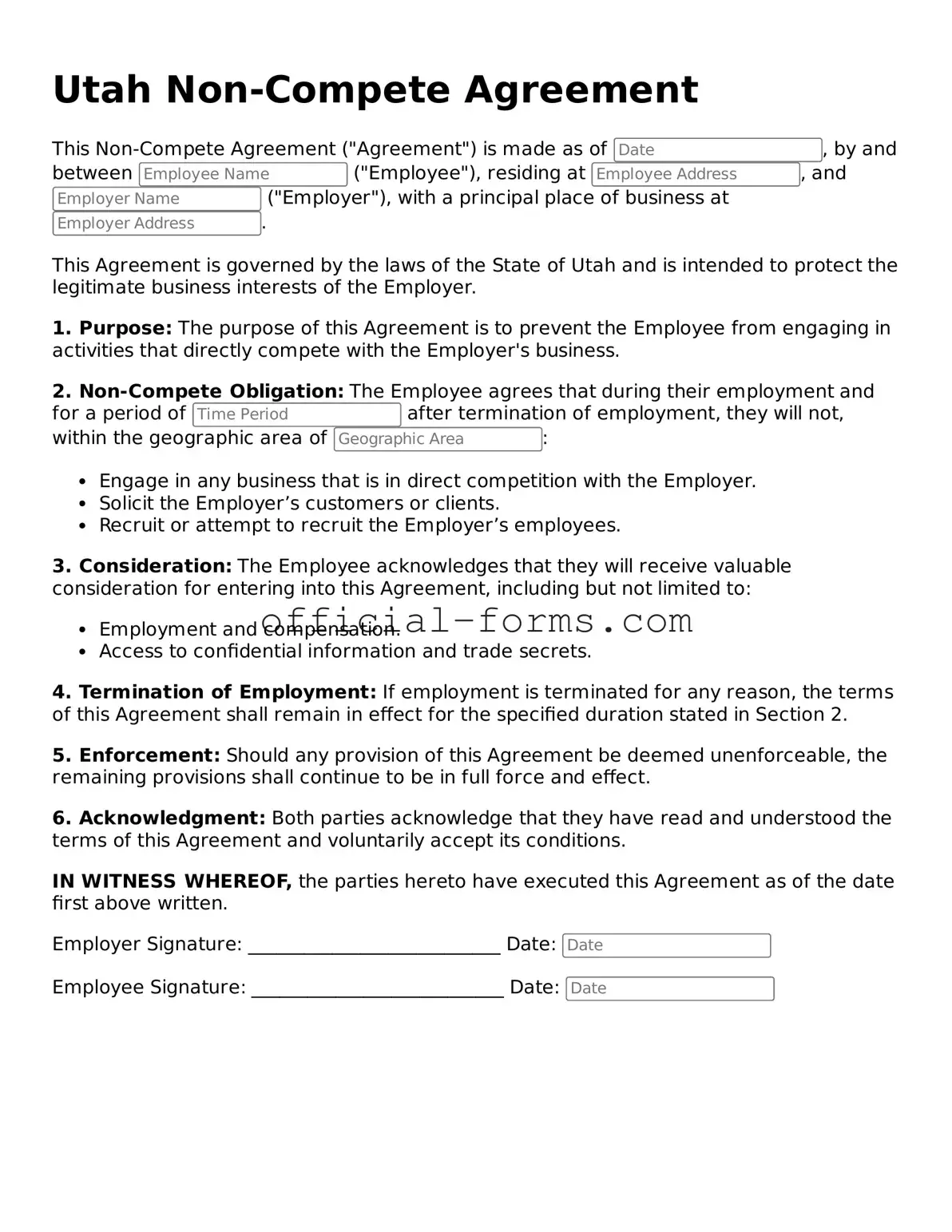 Official Utah Non-compete Agreement Document