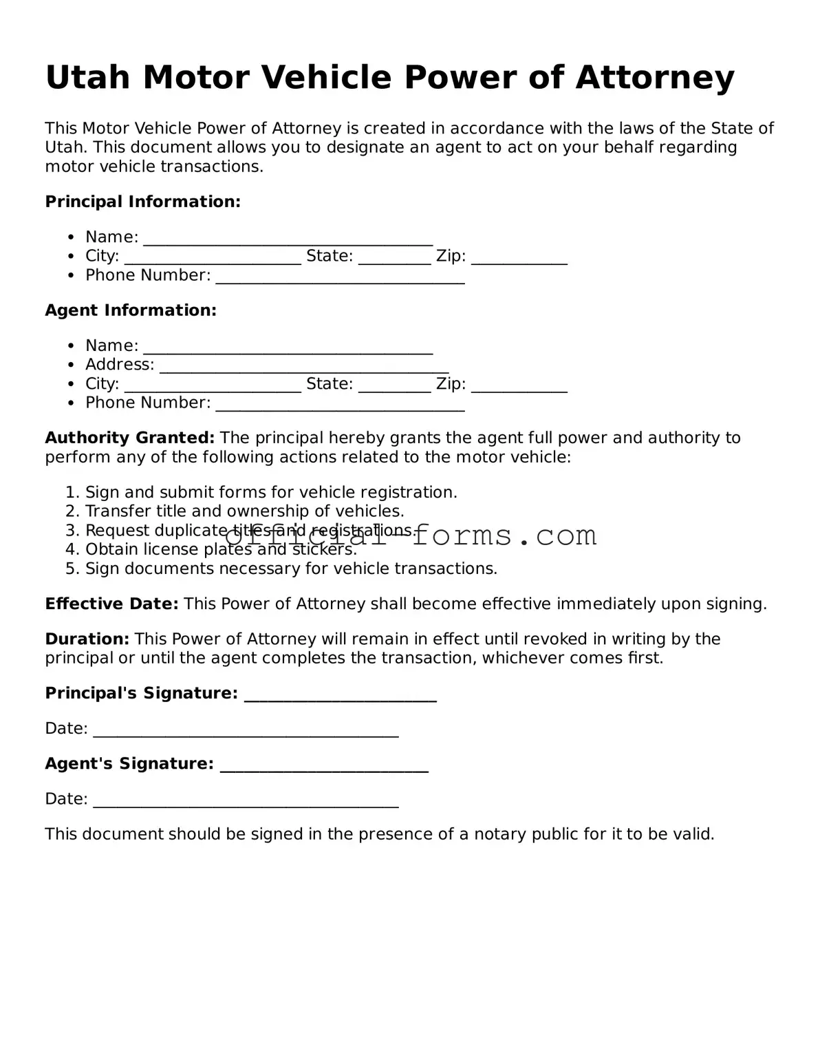 Official Utah Motor Vehicle Power of Attorney Document