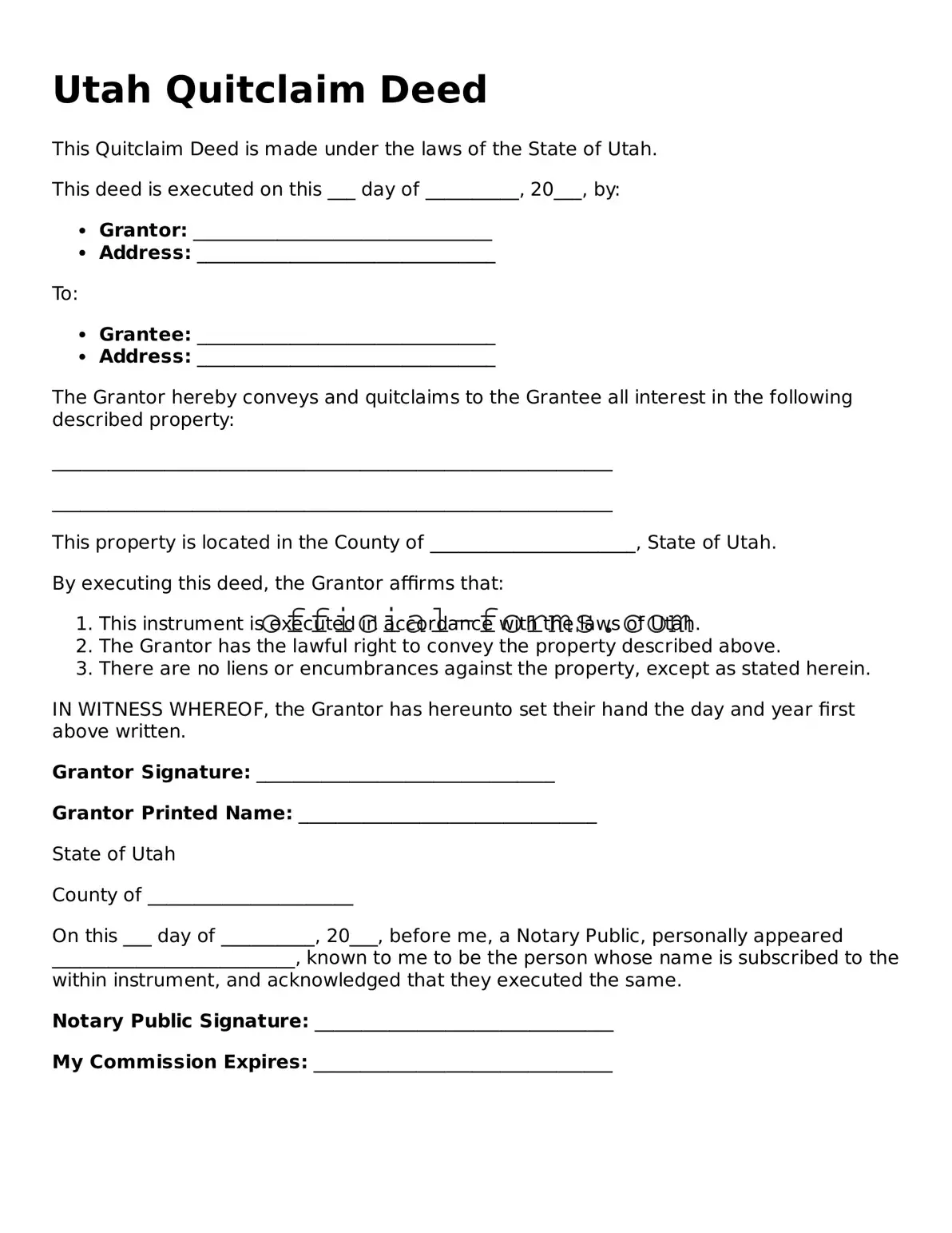 Official Utah Quitclaim Deed Document