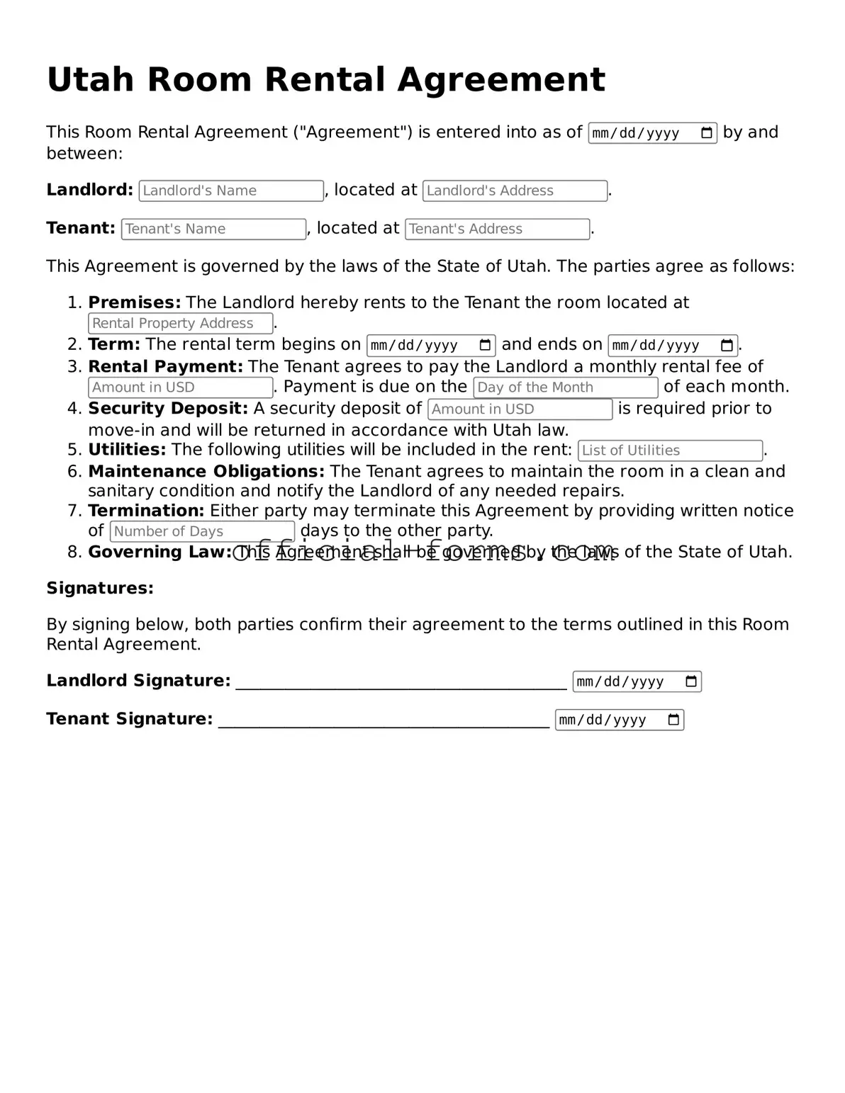 Official Utah Room Rental Agreement Document