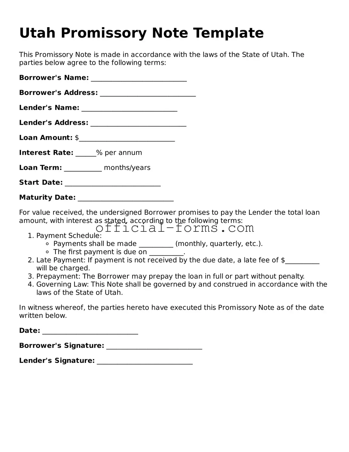 Official Utah Promissory Note Document
