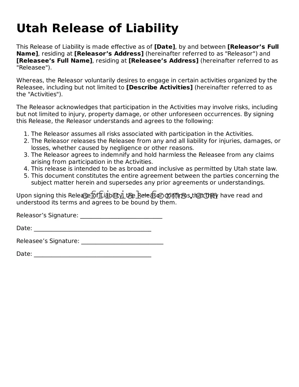 Official Utah Release of Liability Document