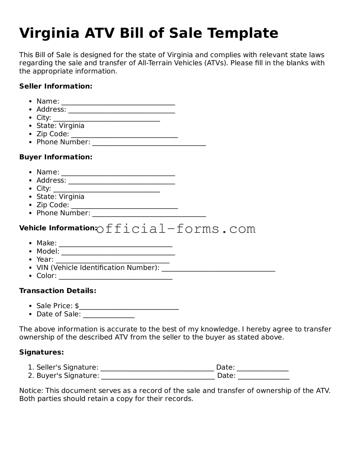 Official Virginia ATV Bill of Sale Document