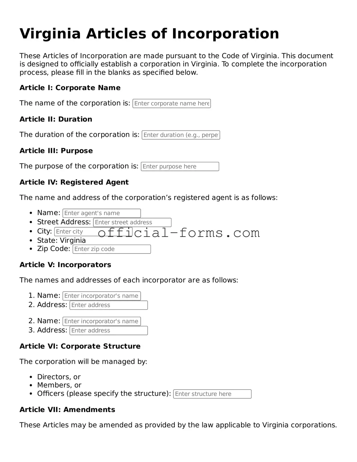 Official Virginia Articles of Incorporation Document