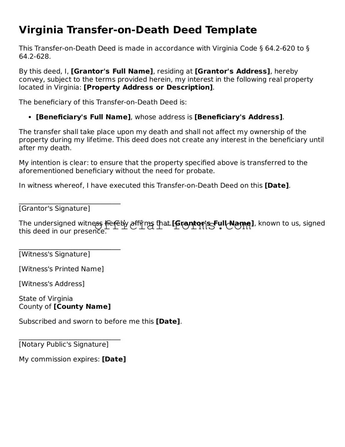 Official Virginia Transfer-on-Death Deed Document