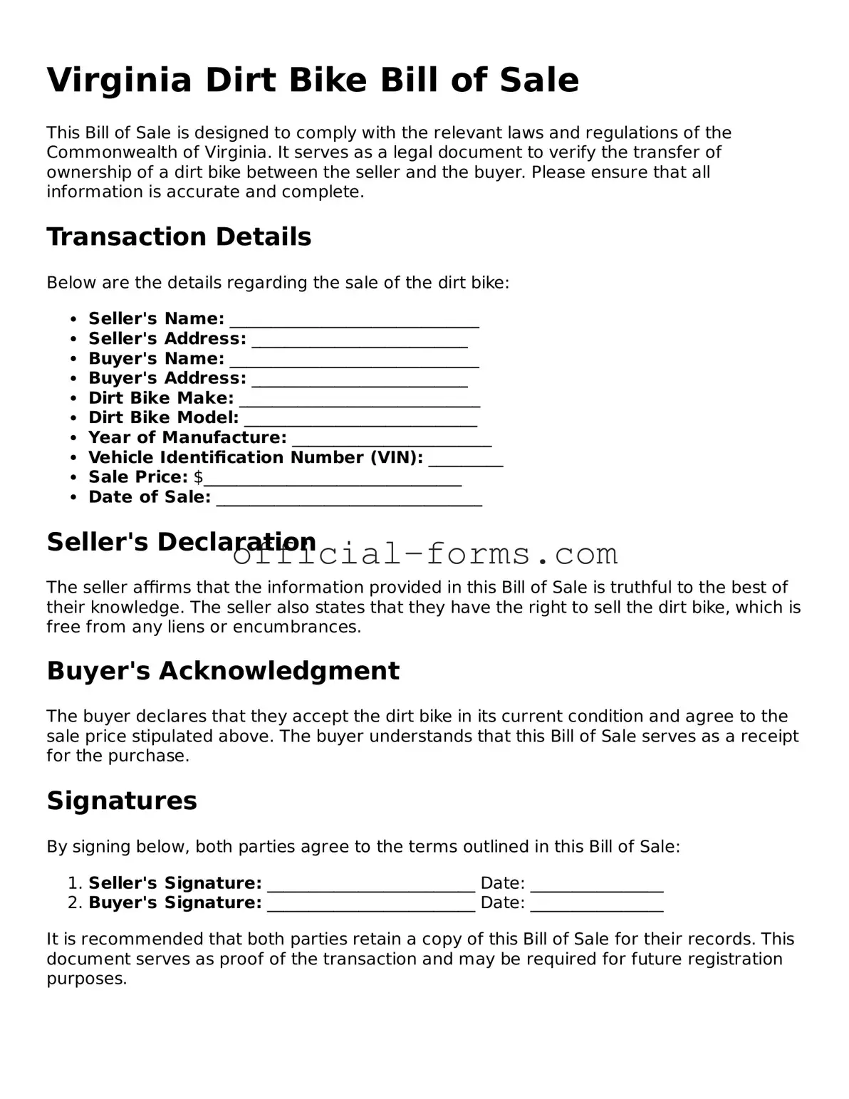 Official Virginia Dirt Bike Bill of Sale Document