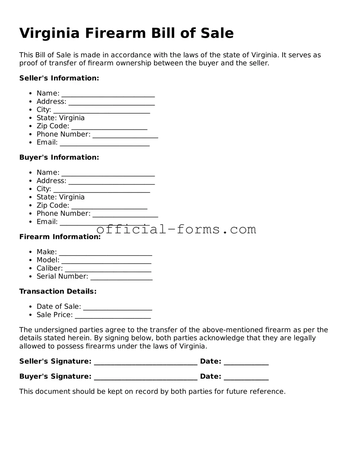 Official Virginia Firearm Bill of Sale Document