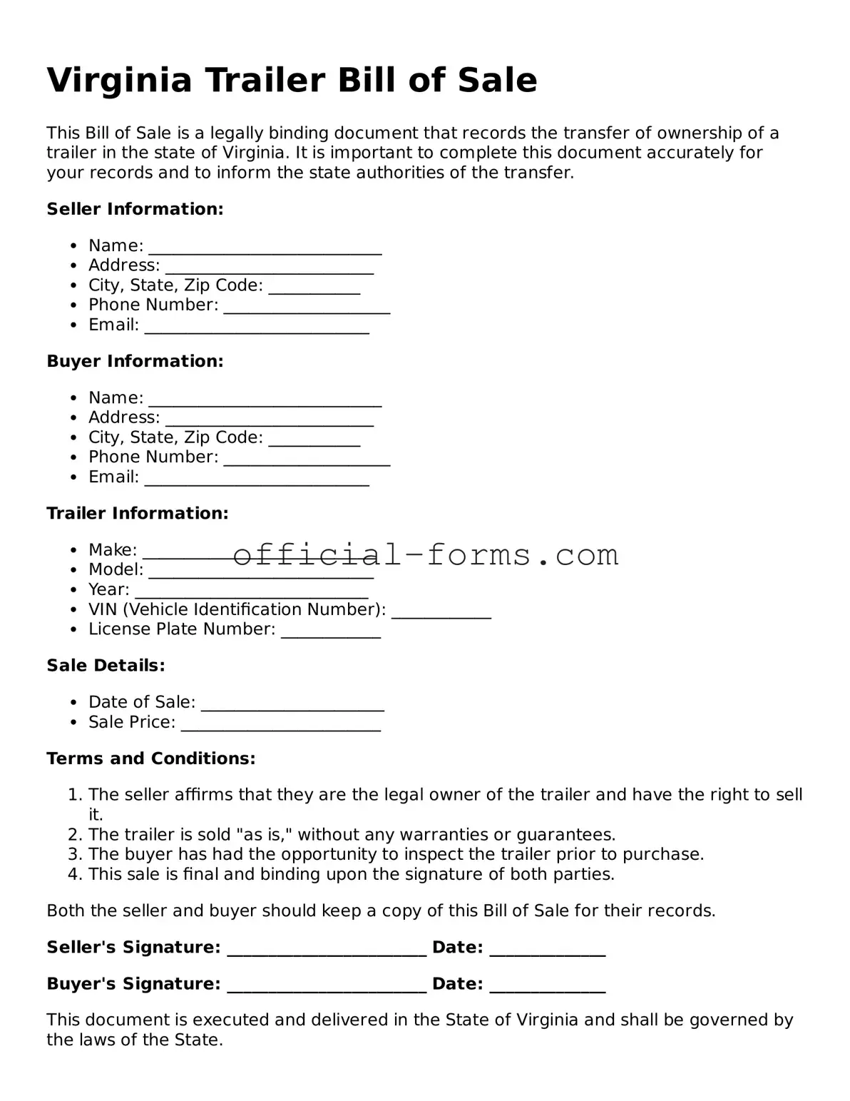 Official Virginia Trailer Bill of Sale Document