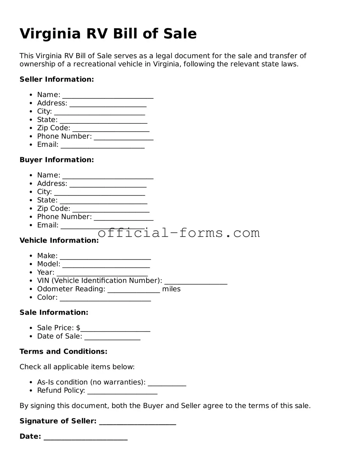 Official Virginia RV Bill of Sale Document