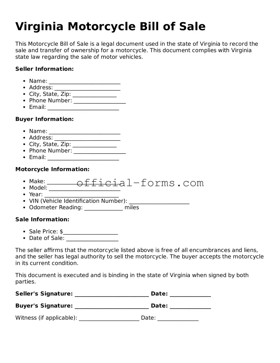 Official Virginia Motorcycle Bill of Sale Document