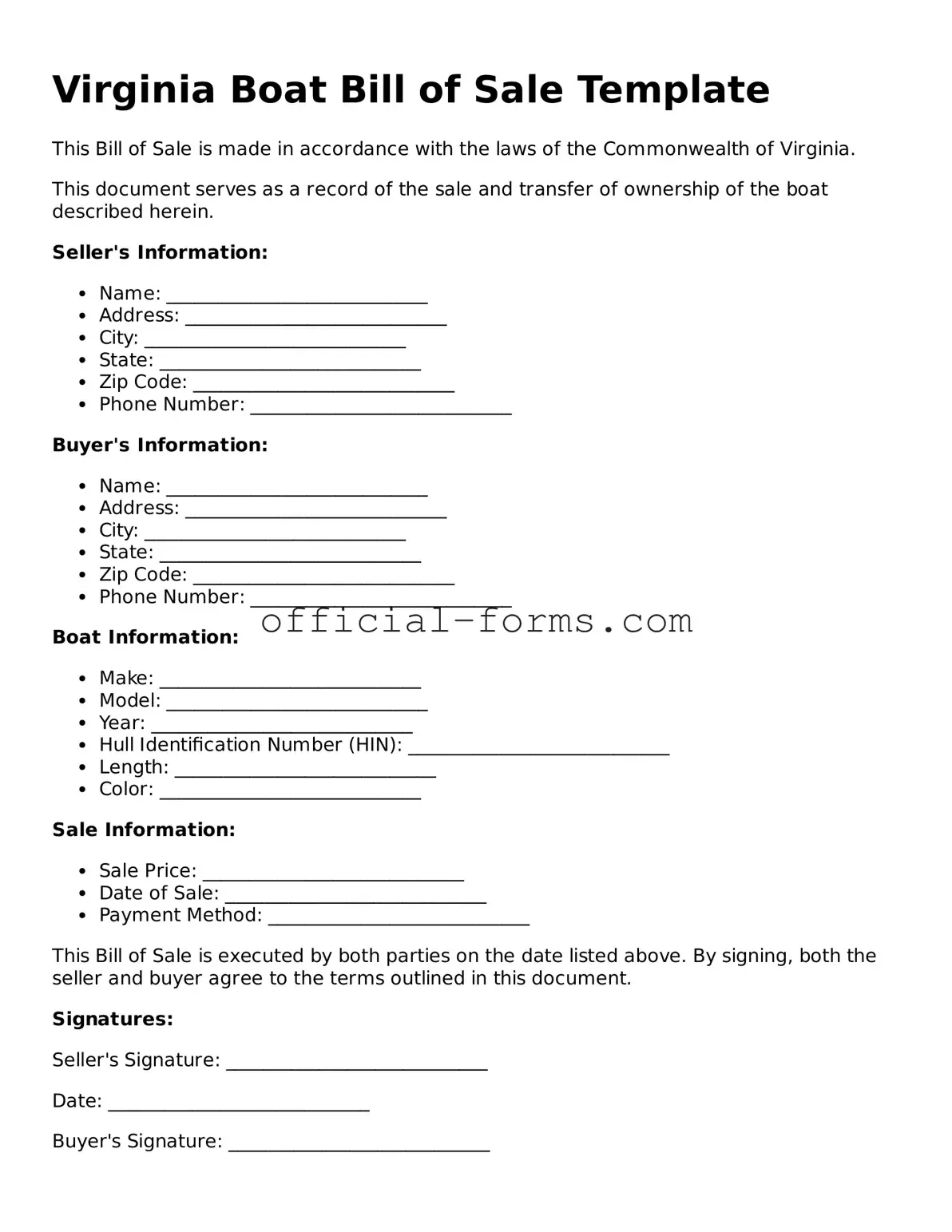 Official Virginia Boat Bill of Sale Document