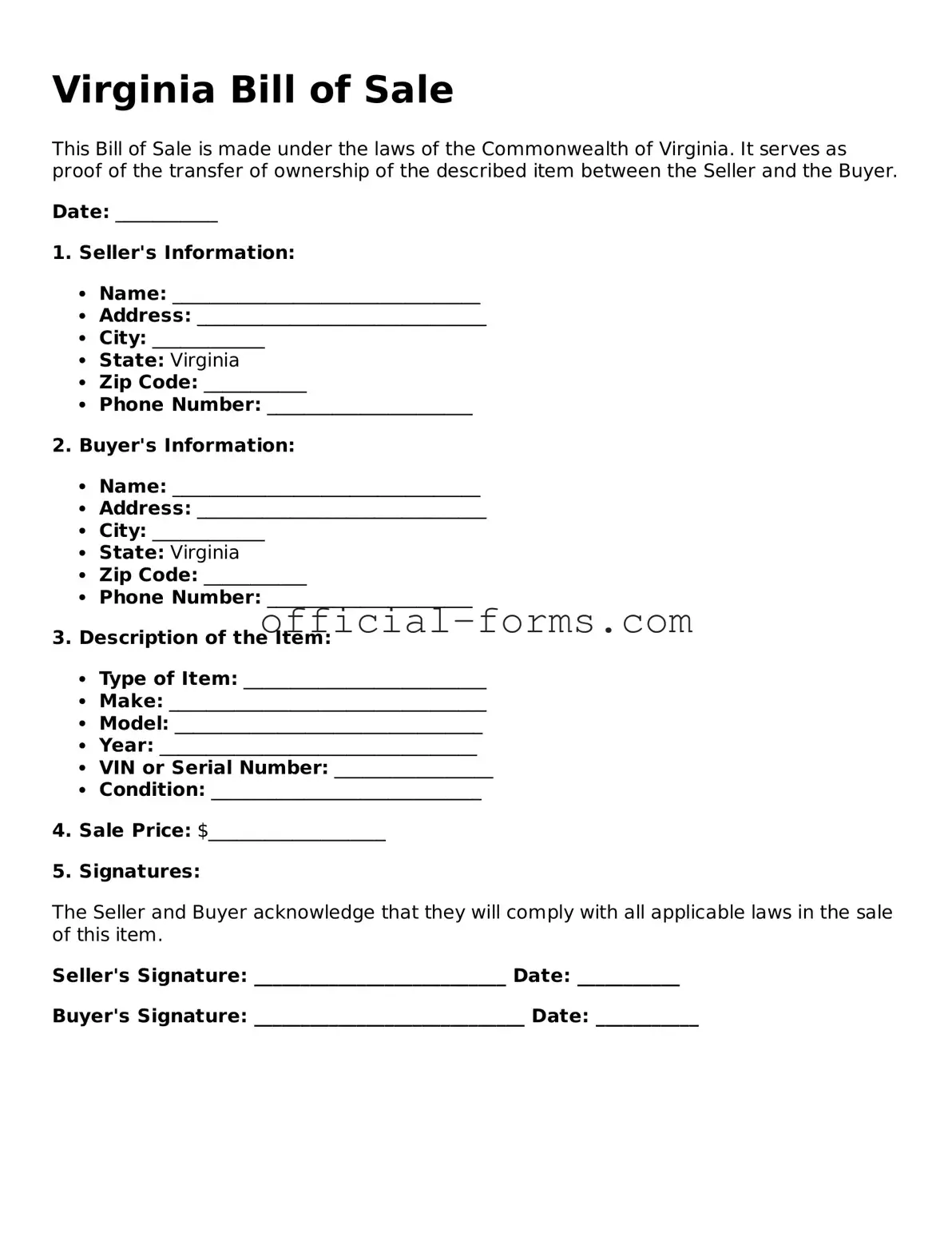 Official Virginia Bill of Sale Document