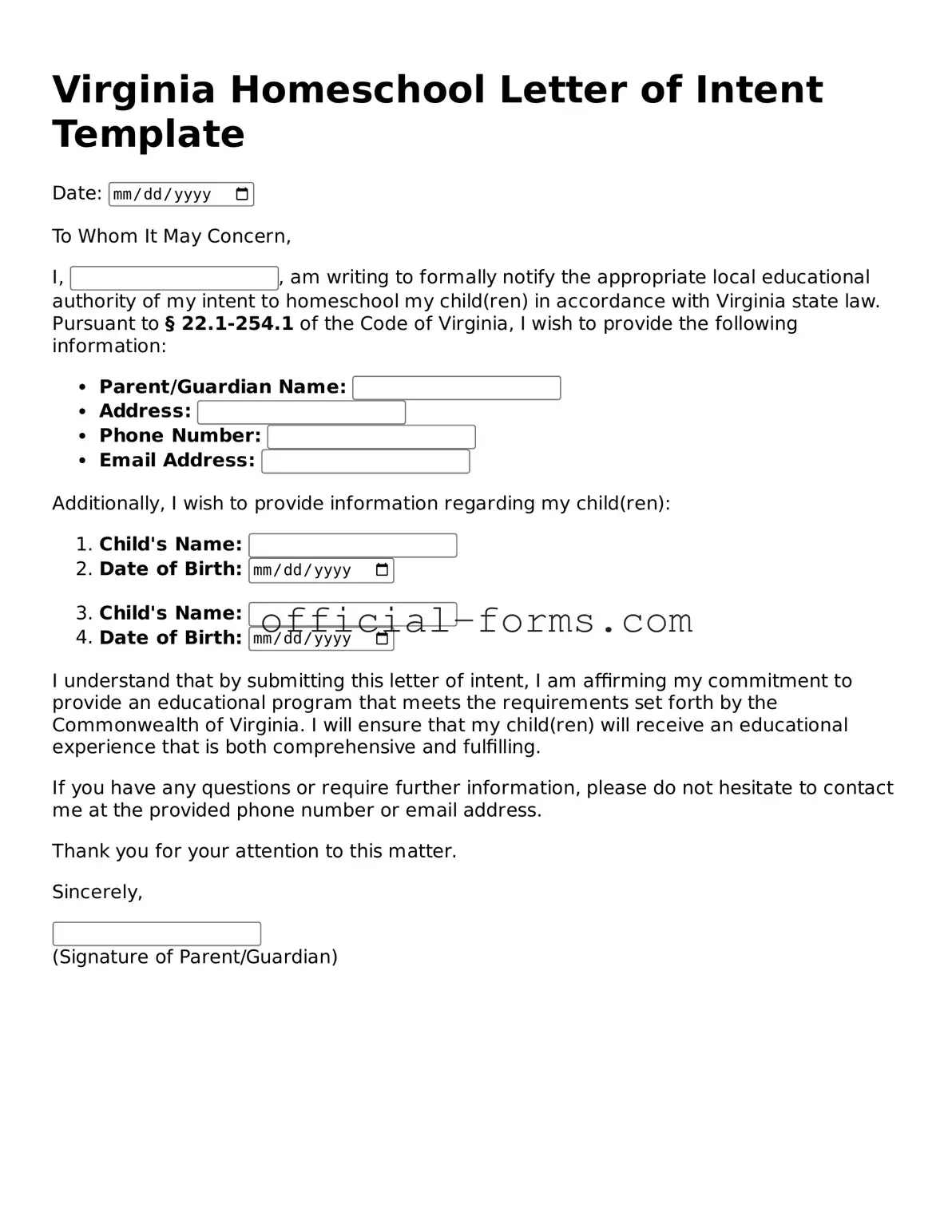 Official Virginia Homeschool Letter of Intent Document