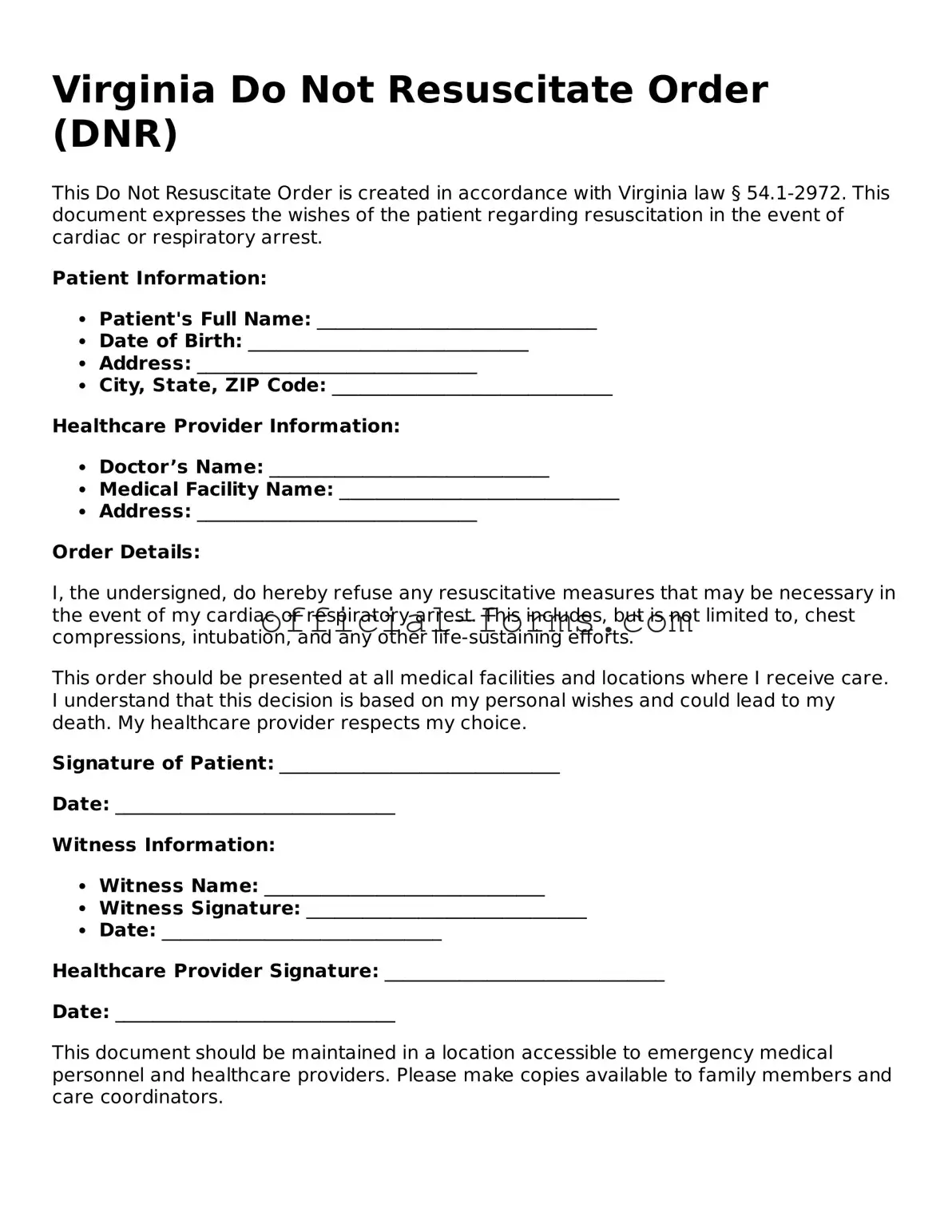 Official Virginia Do Not Resuscitate Order Document