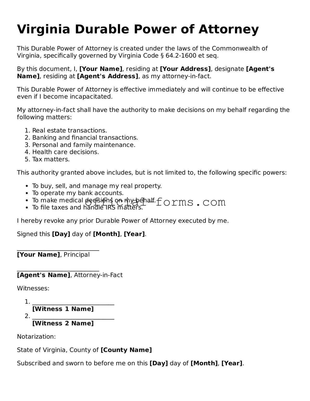 Official Virginia Durable Power of Attorney Document
