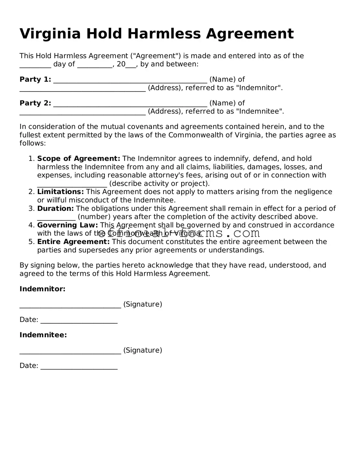 Official Virginia Hold Harmless Agreement Document