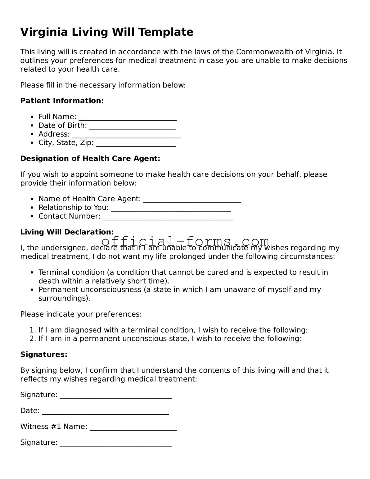Official Virginia Living Will Document