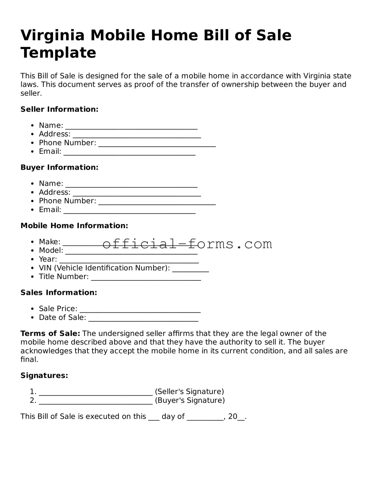 Official Virginia Mobile Home Bill of Sale Document