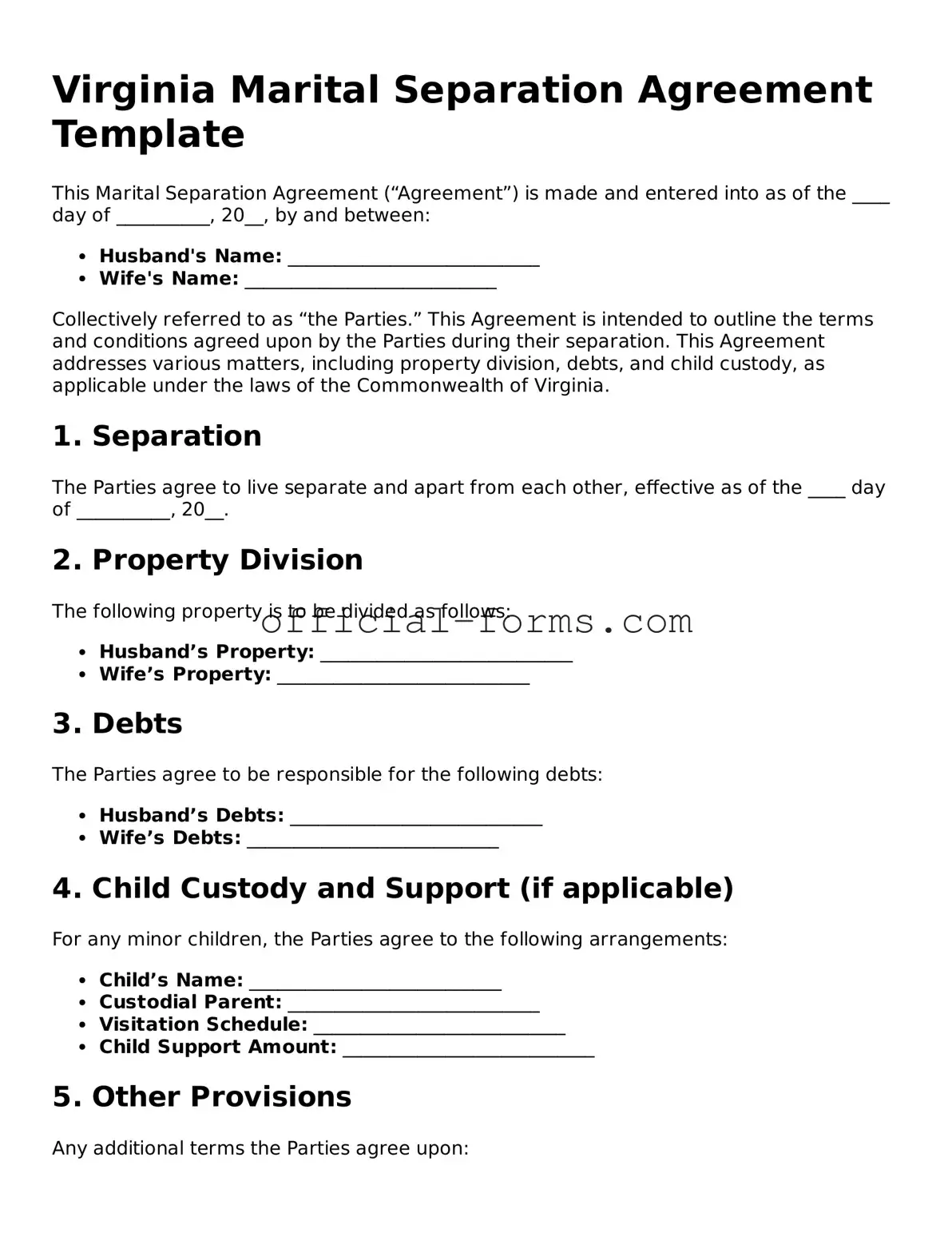 Official Virginia Marital Separation Agreement Document