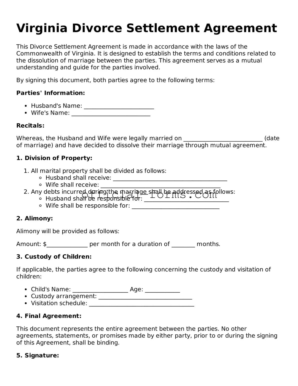 Official Virginia Divorce Settlement Agreement Document