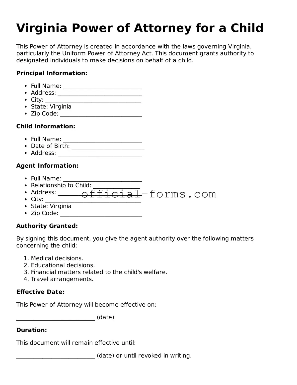 Official Virginia Power of Attorney for a Child Document