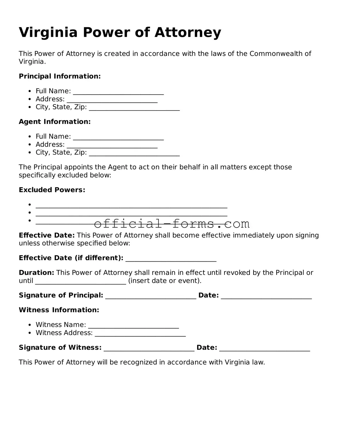 Official Virginia Power of Attorney Document