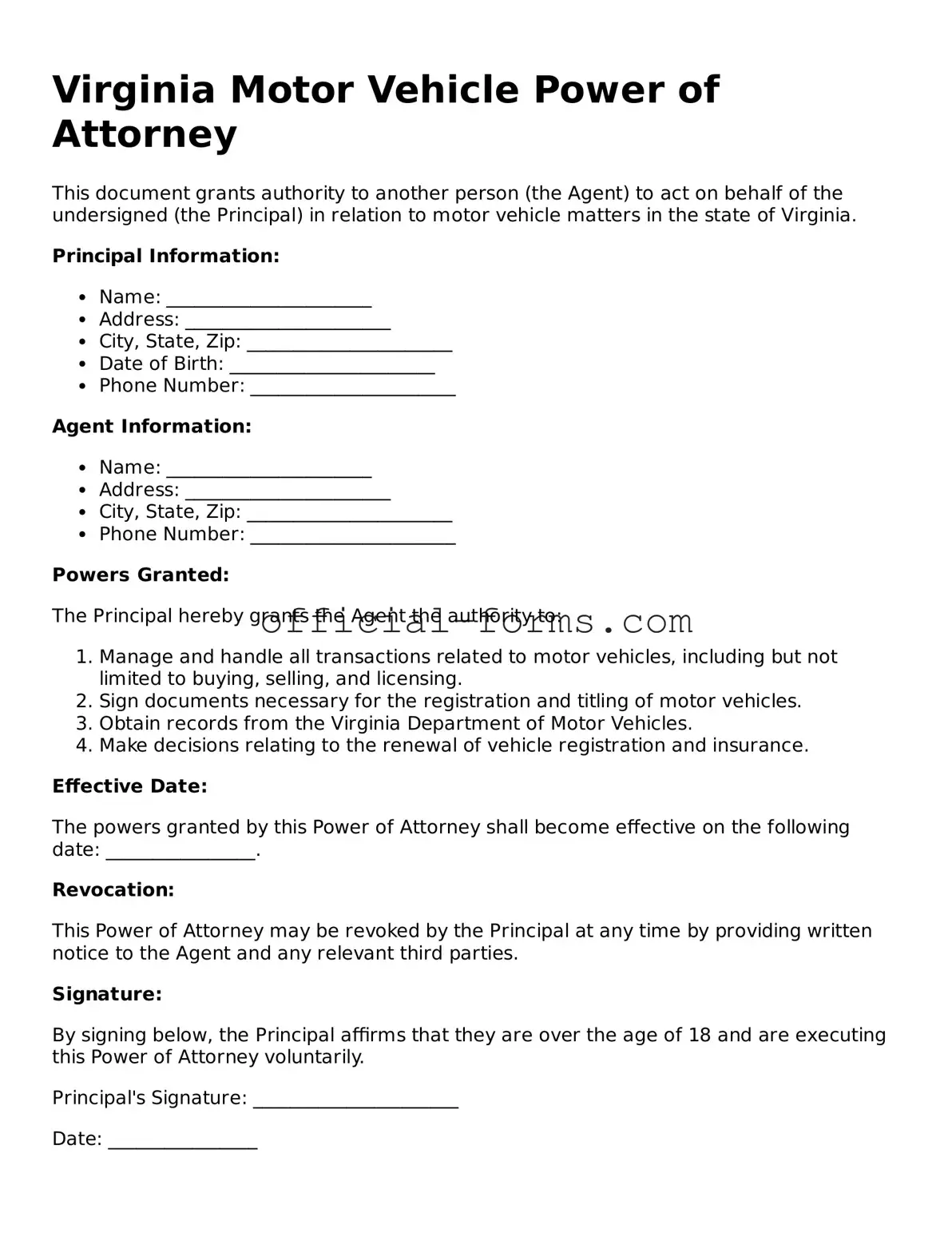 Official Virginia Motor Vehicle Power of Attorney Document