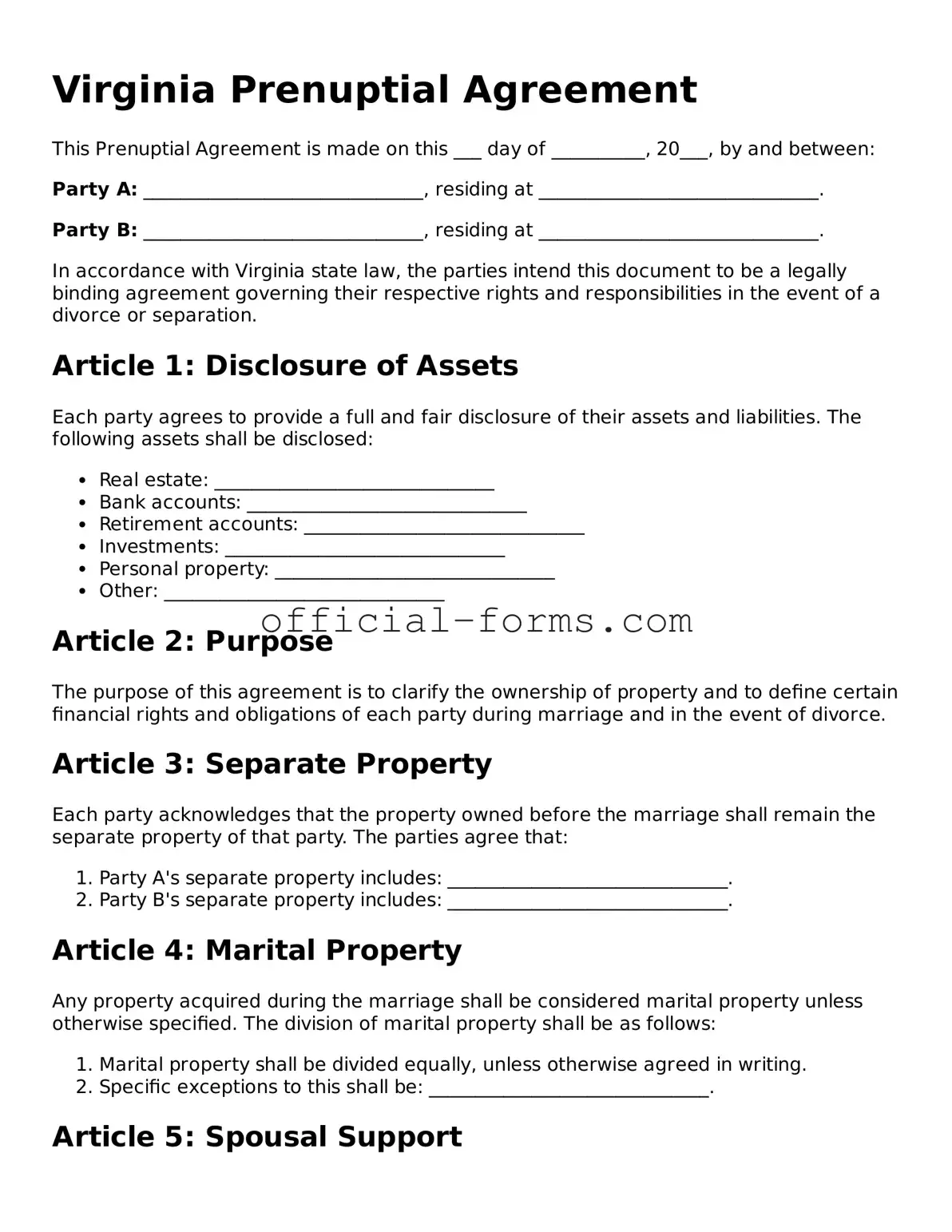 Official Virginia Prenuptial Agreement Document