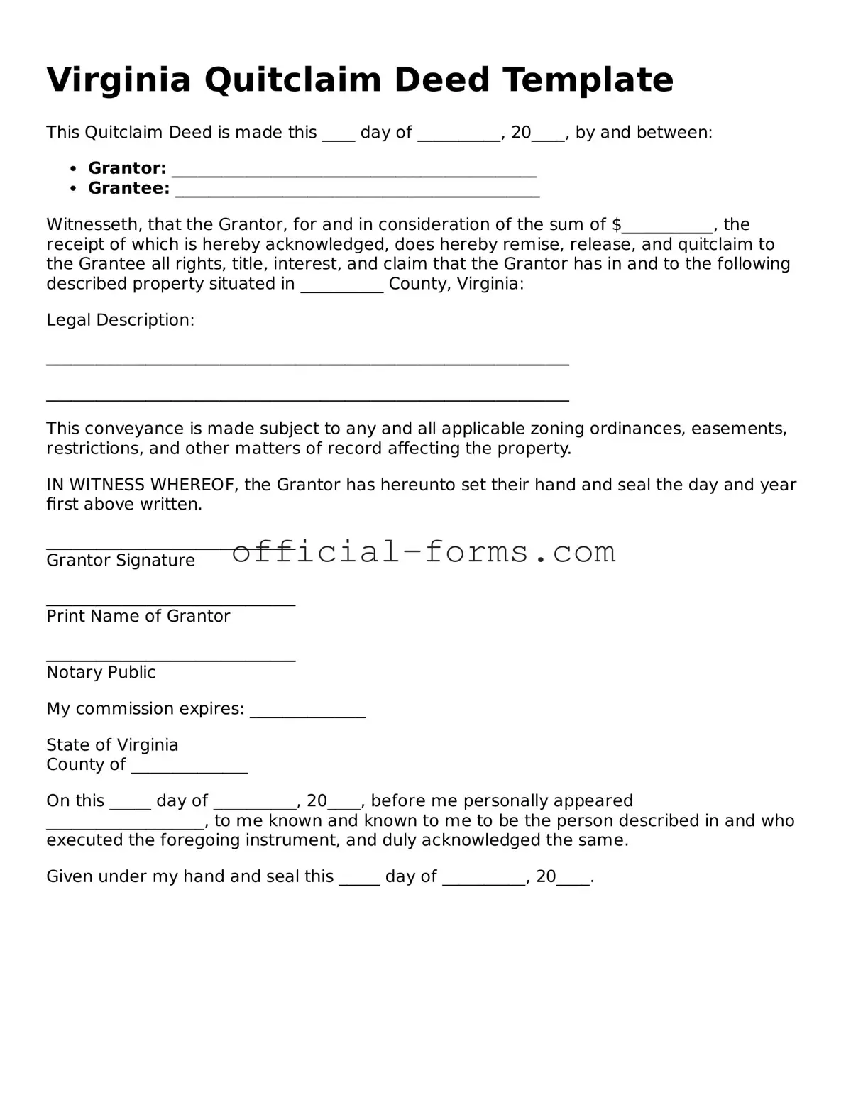 Official Virginia Quitclaim Deed Document