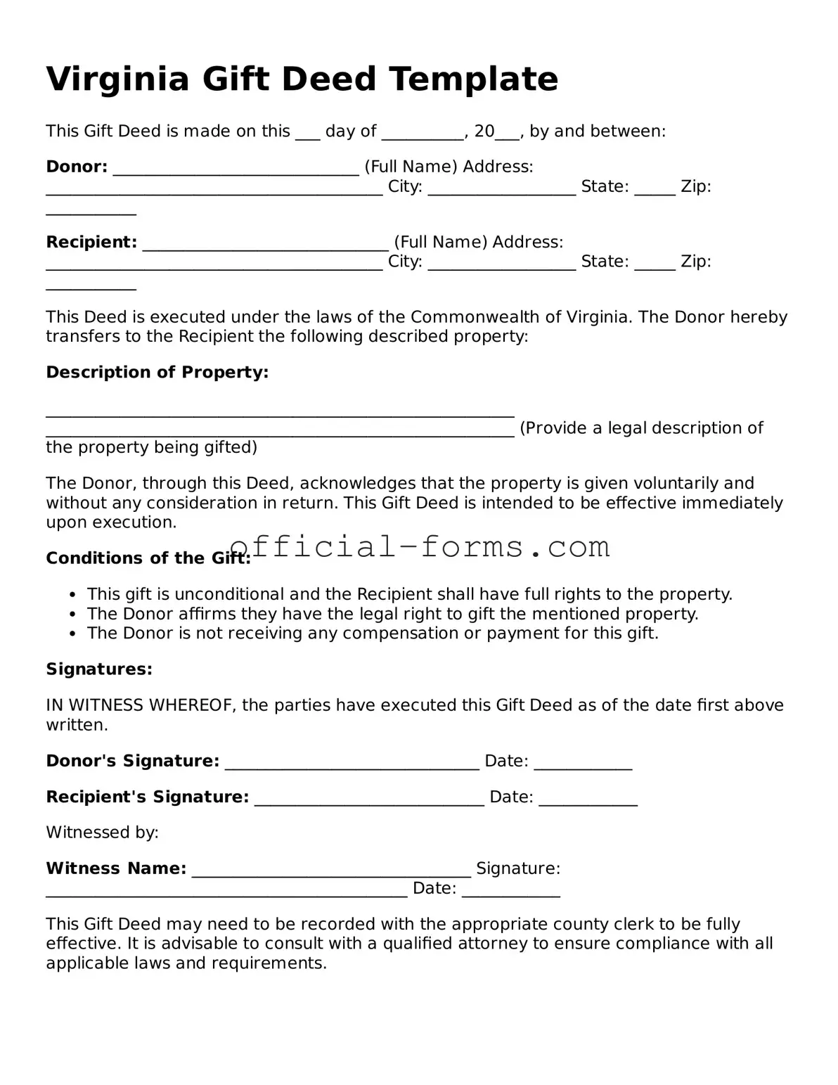 Official Virginia Gift Deed Document