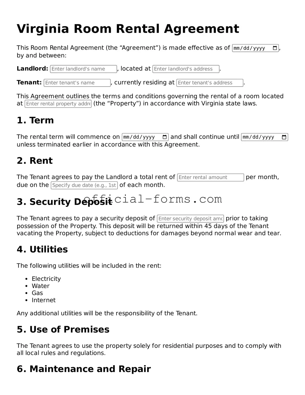 Official Virginia Room Rental Agreement Document