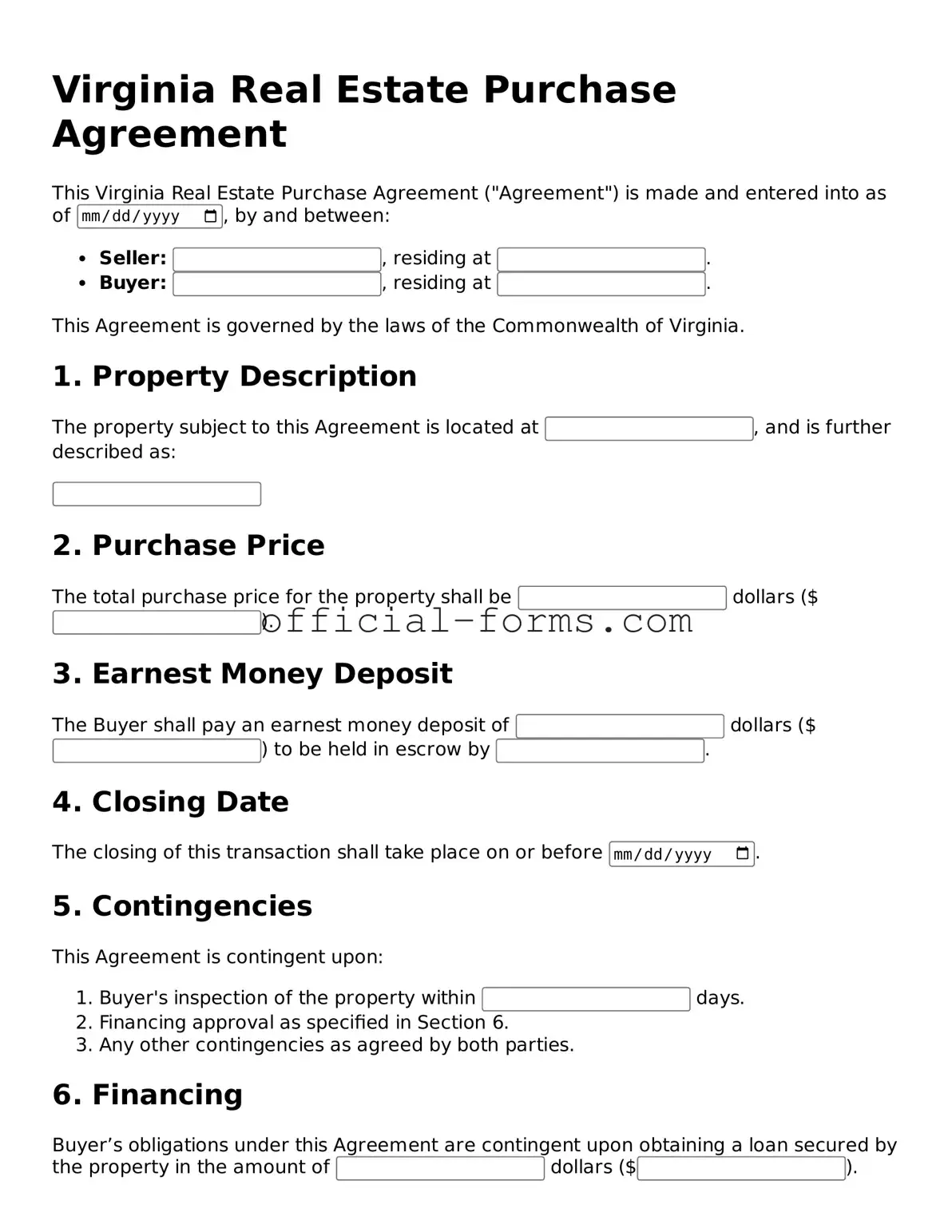 Official Virginia Real Estate Purchase Agreement Document