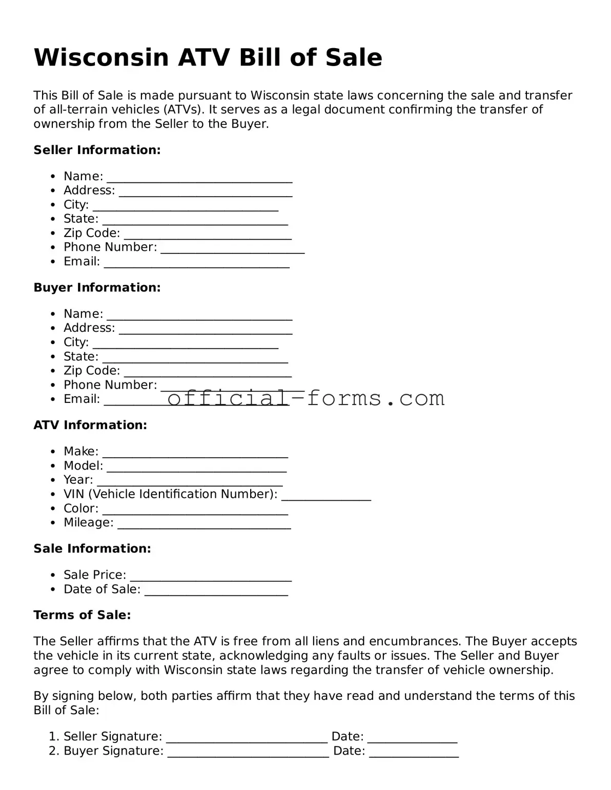 Official Wisconsin ATV Bill of Sale Document
