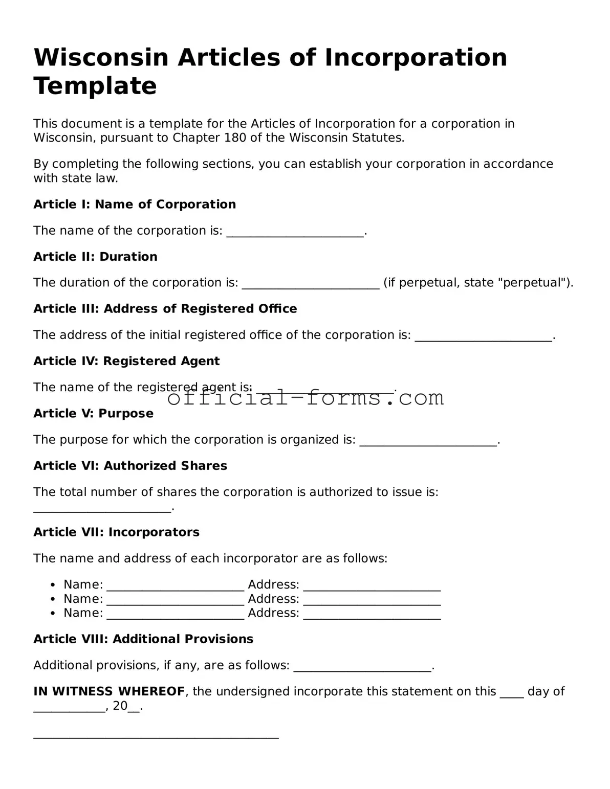 Official Wisconsin Articles of Incorporation Document
