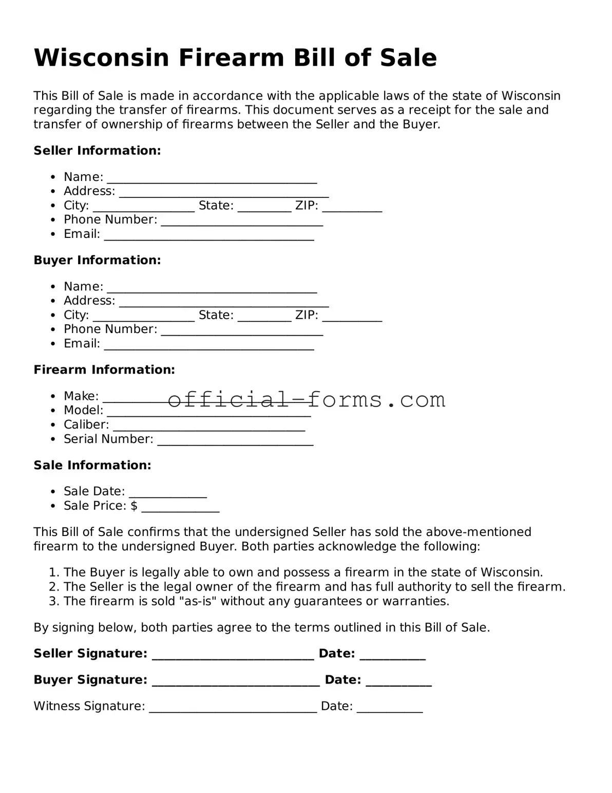 Official Wisconsin Firearm Bill of Sale Document