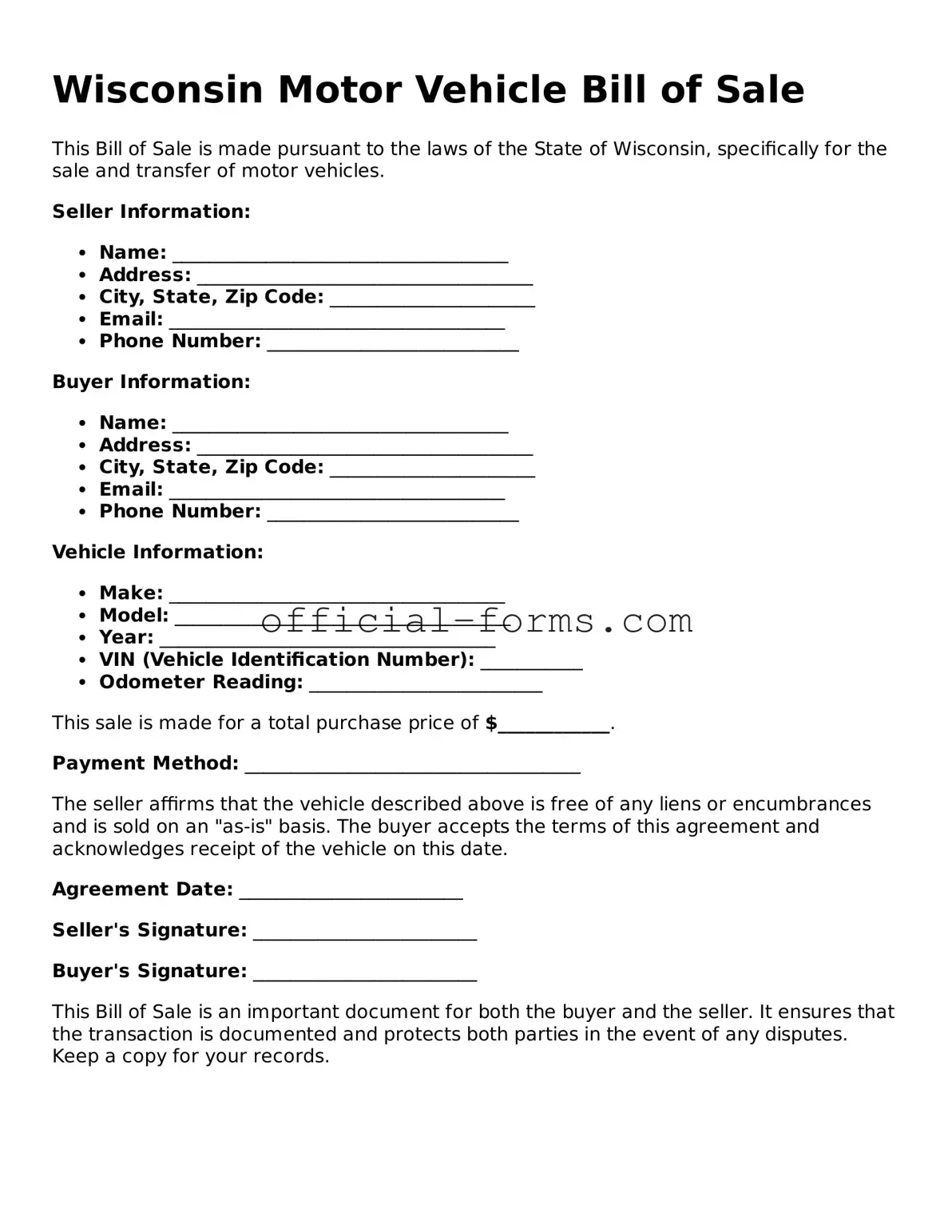 Official Wisconsin Motor Vehicle Bill of Sale Document