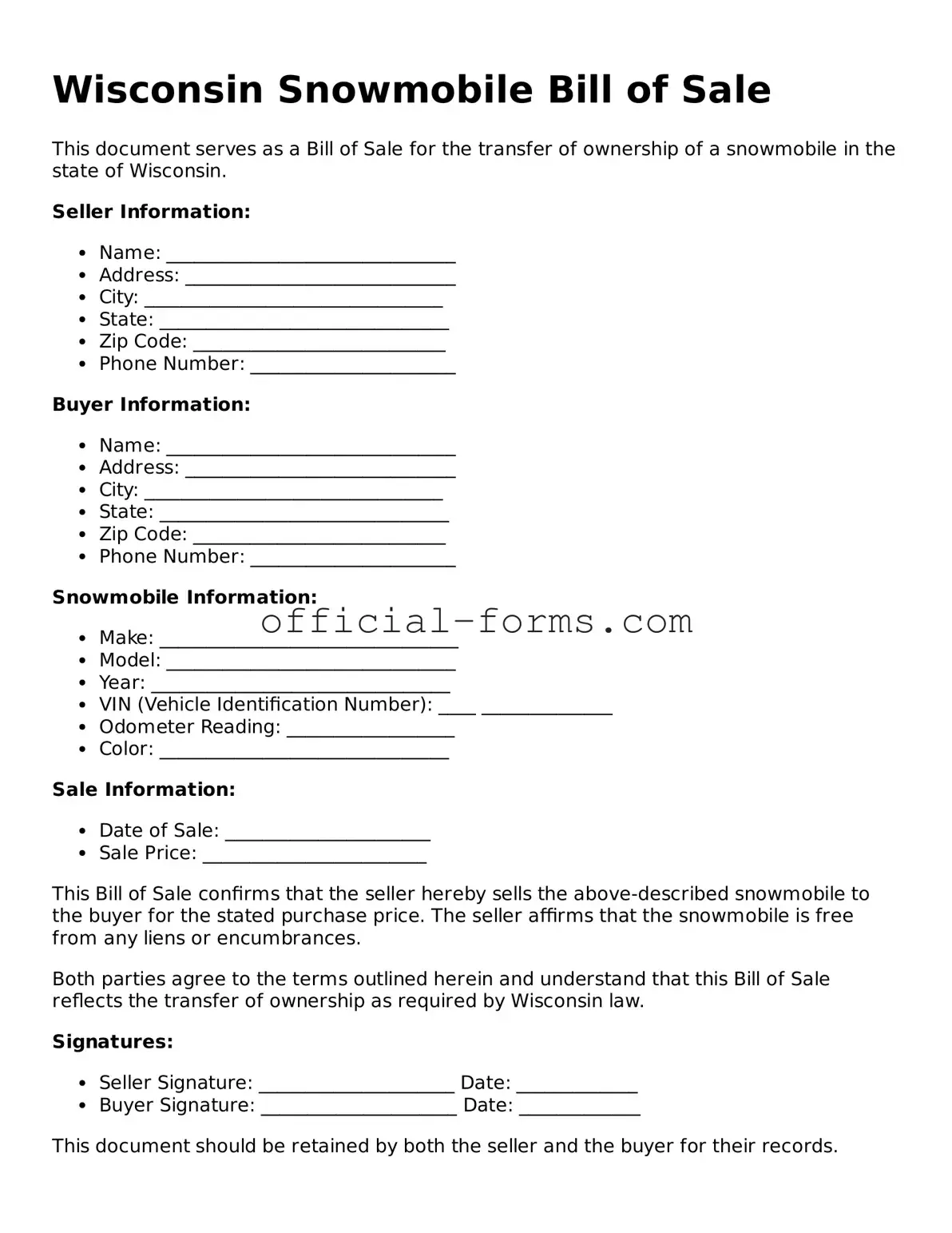 Official Wisconsin Snowmobile Bill of Sale Document