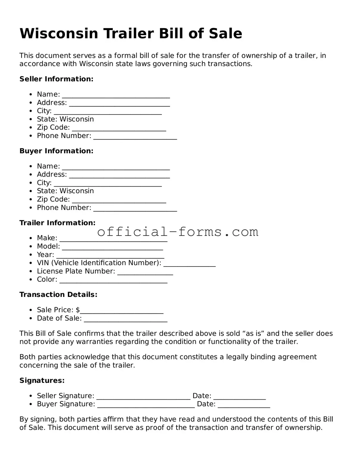 Official Wisconsin Trailer Bill of Sale Document
