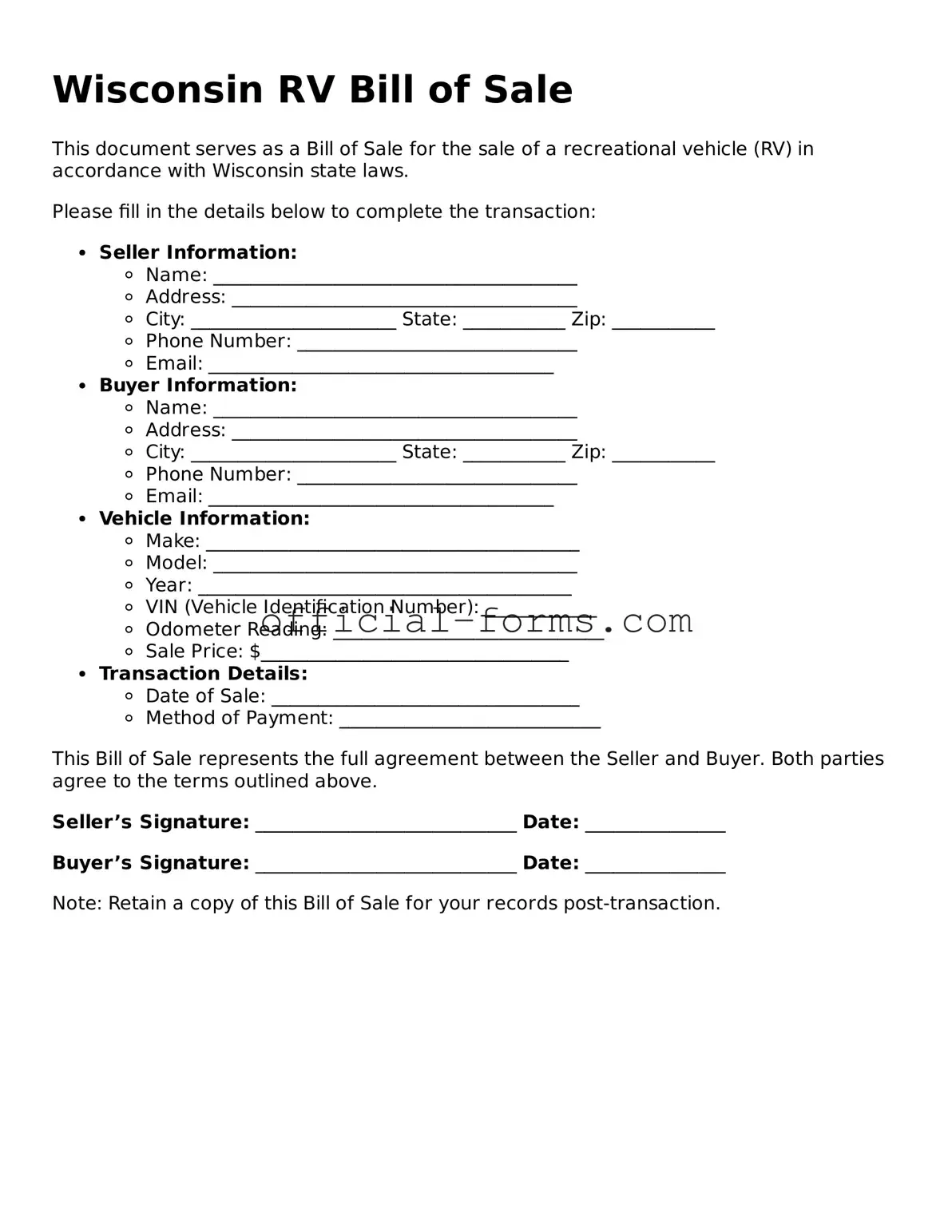 Official Wisconsin RV Bill of Sale Document