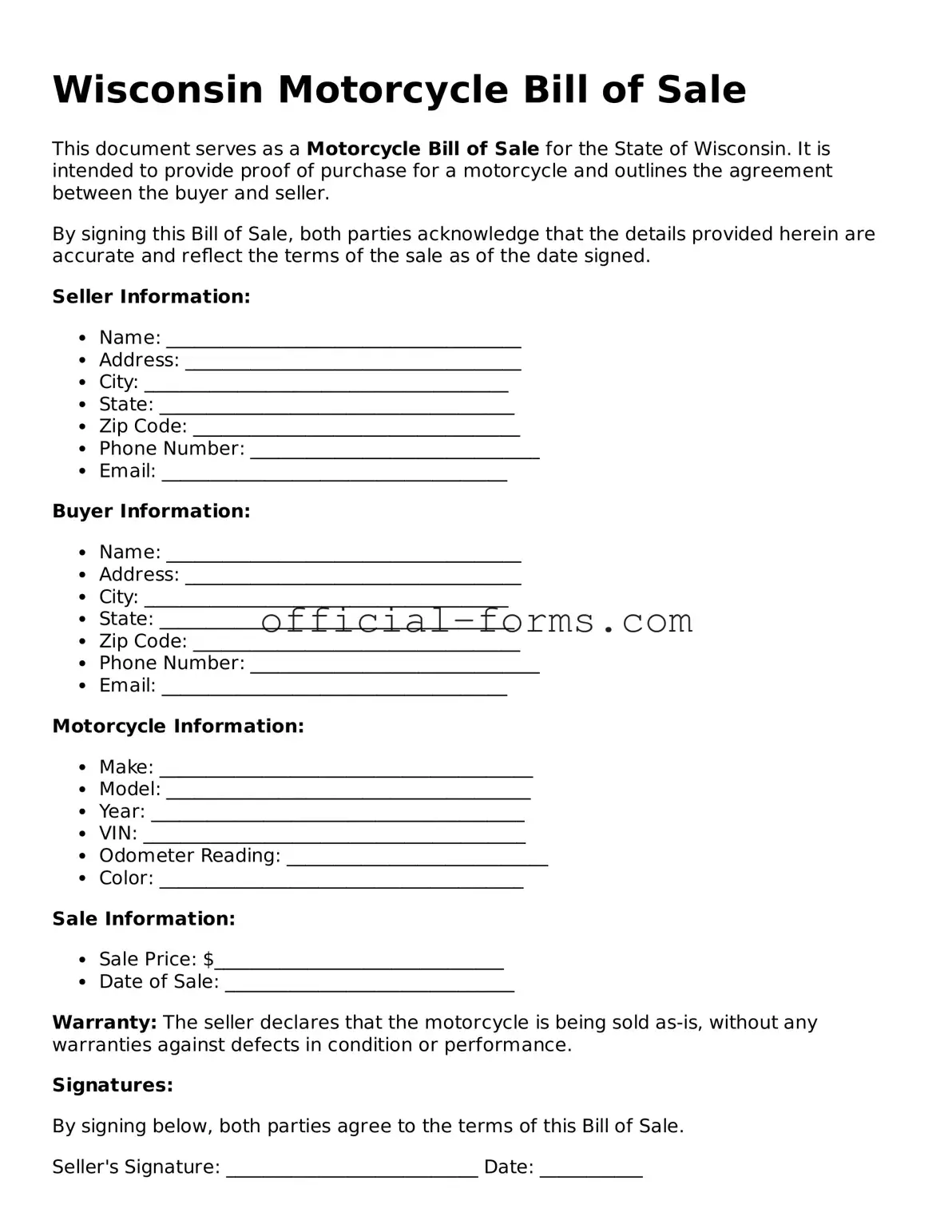 Official Wisconsin Motorcycle Bill of Sale Document