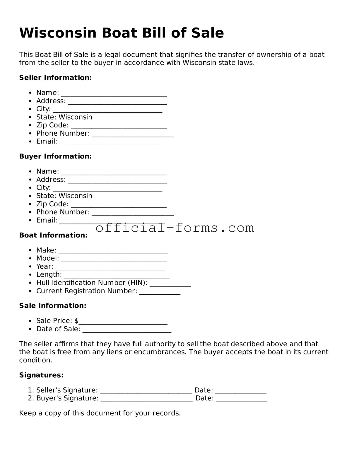 Official Wisconsin Boat Bill of Sale Document